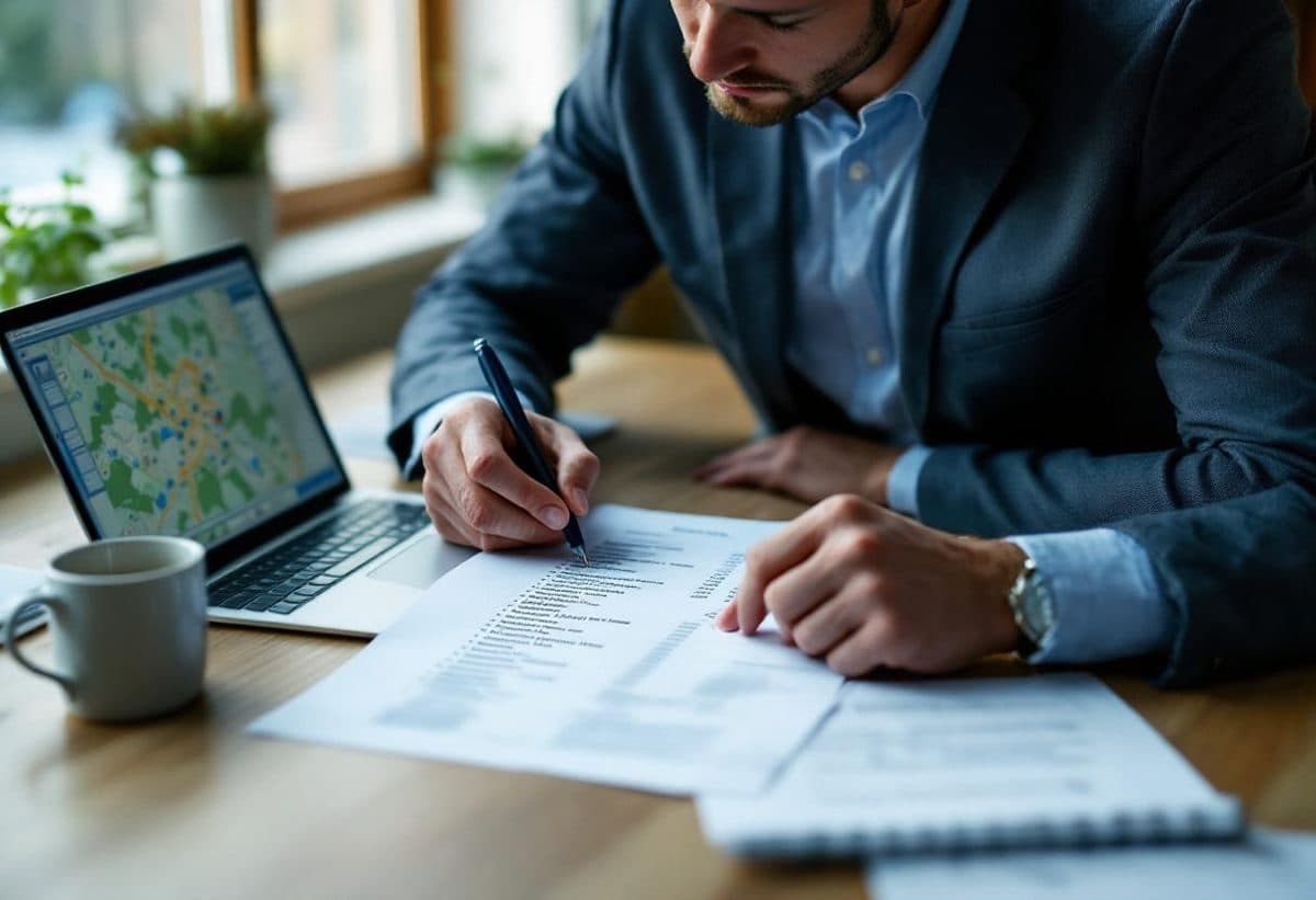 Small business owner reviewing direct mail postcards and a spreadsheet of property owners
