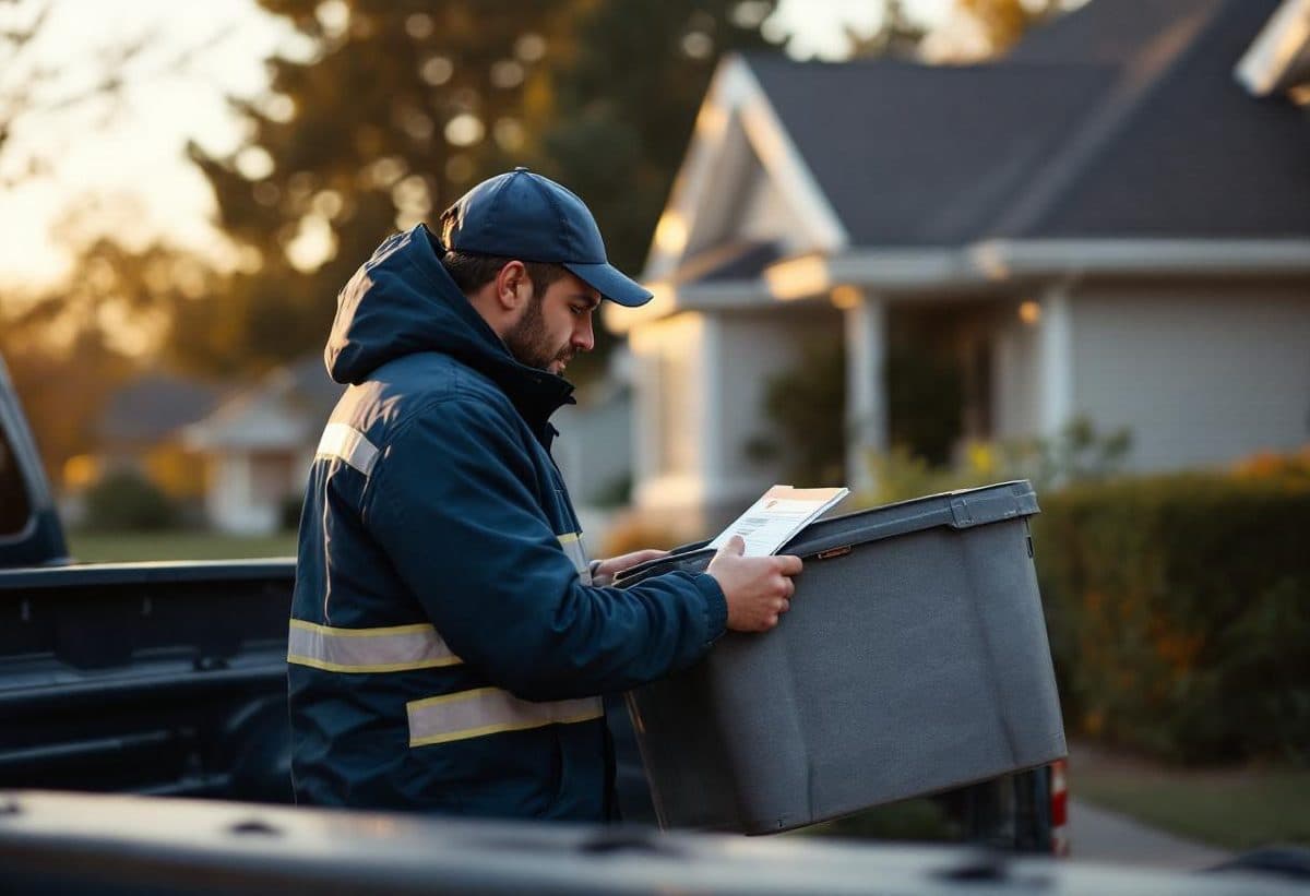 Contractor loading marketing flyers into a mail bin in a suburban driveway