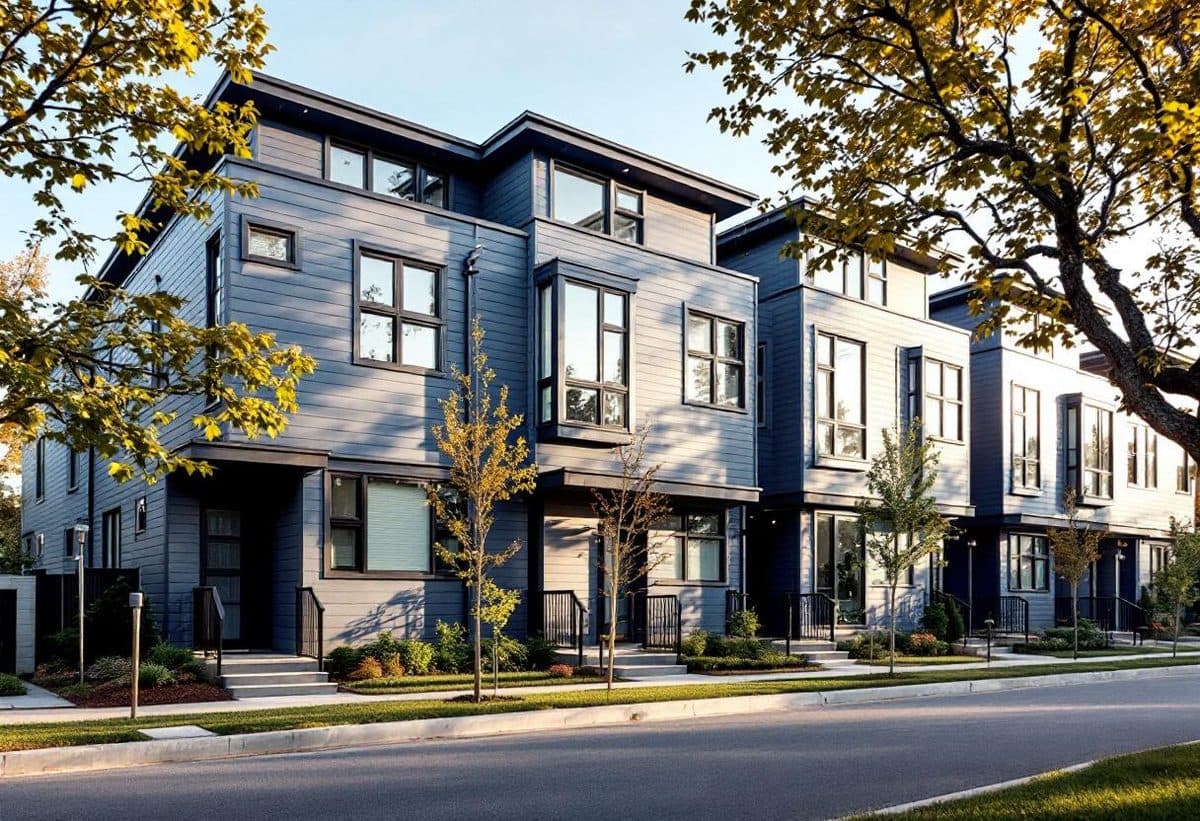 Row of modern rental duplexes on a suburban Twin Cities street