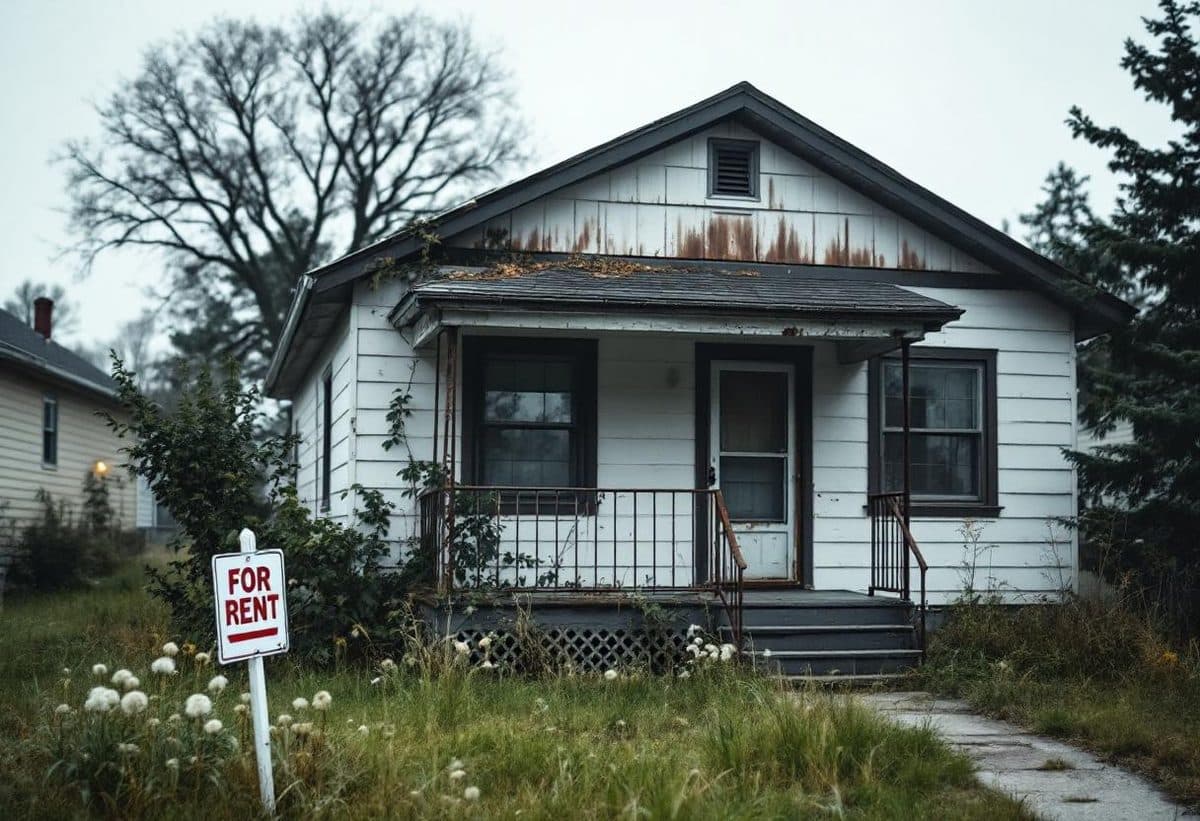 Empty suburban rental house with a For Rent sign in the front yard — representing absentee-owned investment property