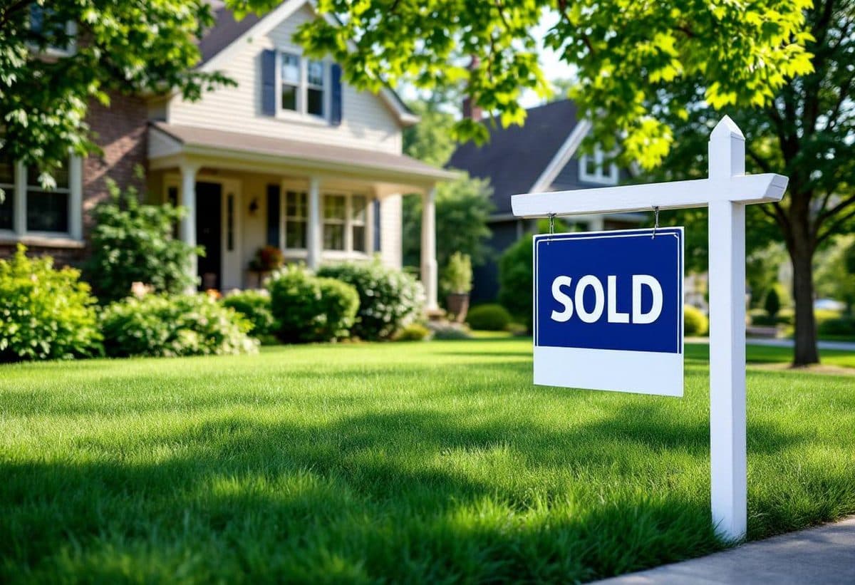 Real estate SOLD sign in the front yard of a Twin Cities suburban home